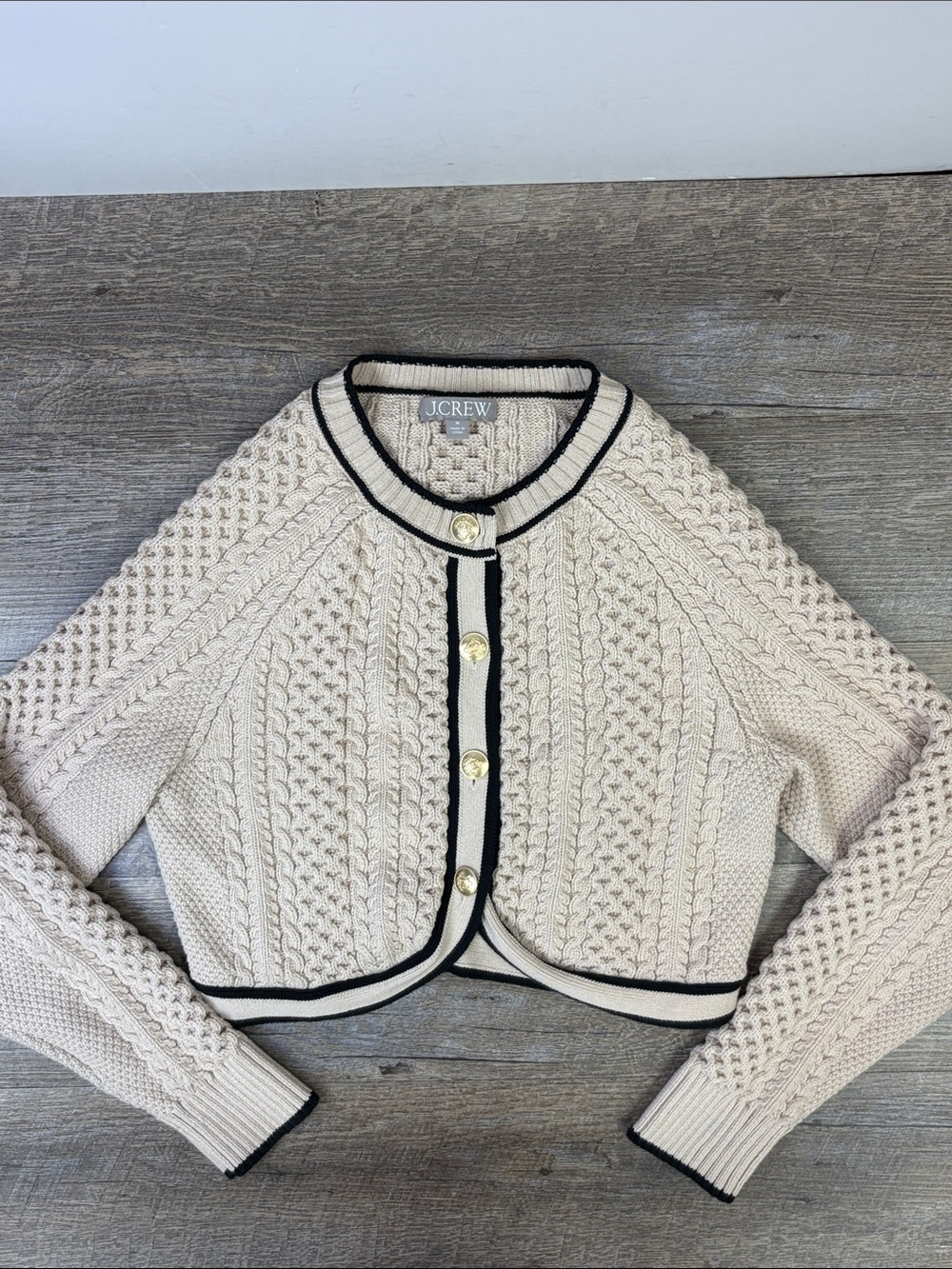J.Crew Cable Knit Cropped Cardigan Cream Black Gold Buttons Size M